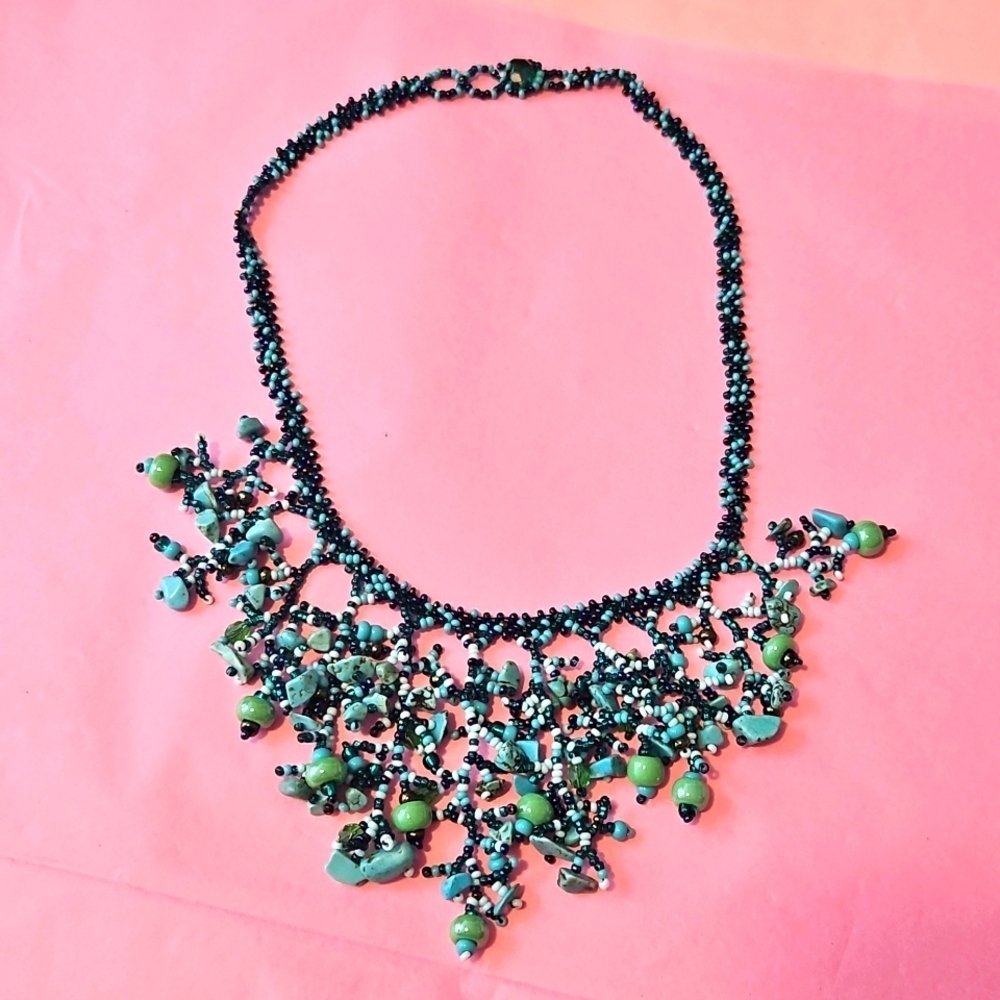 Boho Beaded Bib Necklace Handmade